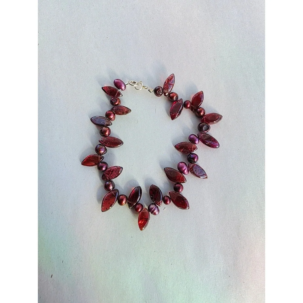 Handmade Sterling Silver 925 Garnet and Genuine Pearl Bracelet Red Wine Gift